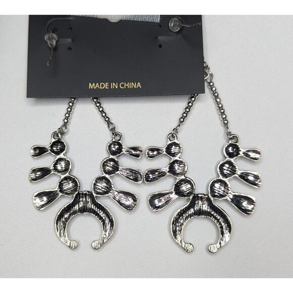 Turquoise Squash Blossom Silver Tone Dangle Earrings - Picture 2 of 4